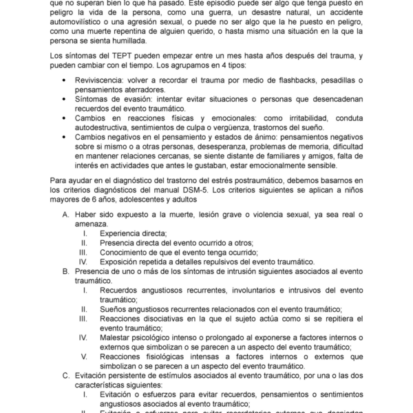 Criterios para el diagnóstico de trastorno por estrés postraumático